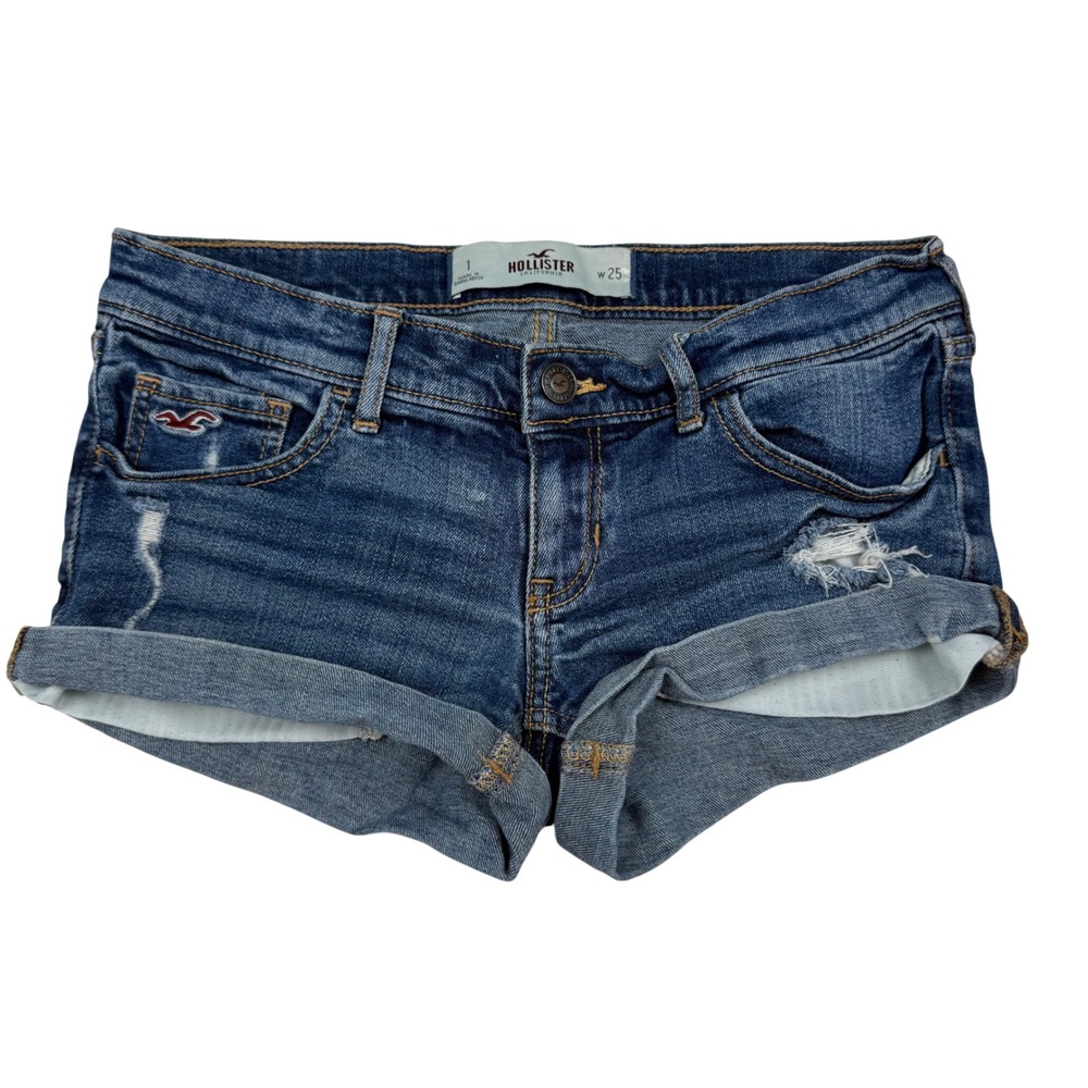 VTG Y2K Hollister Ultra Low Rise Distressed Denim Mini Micro Shorts Size 1 W25
